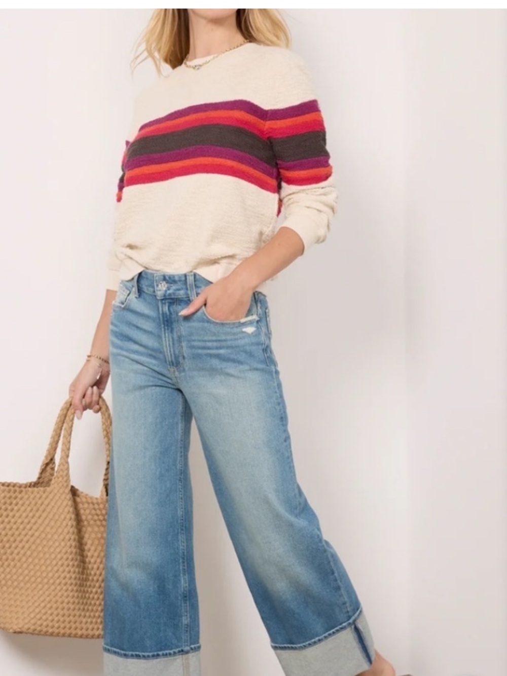 Faherty Striped Accent Boucle Crewneck Sweatshirt Organic Cotton Sm